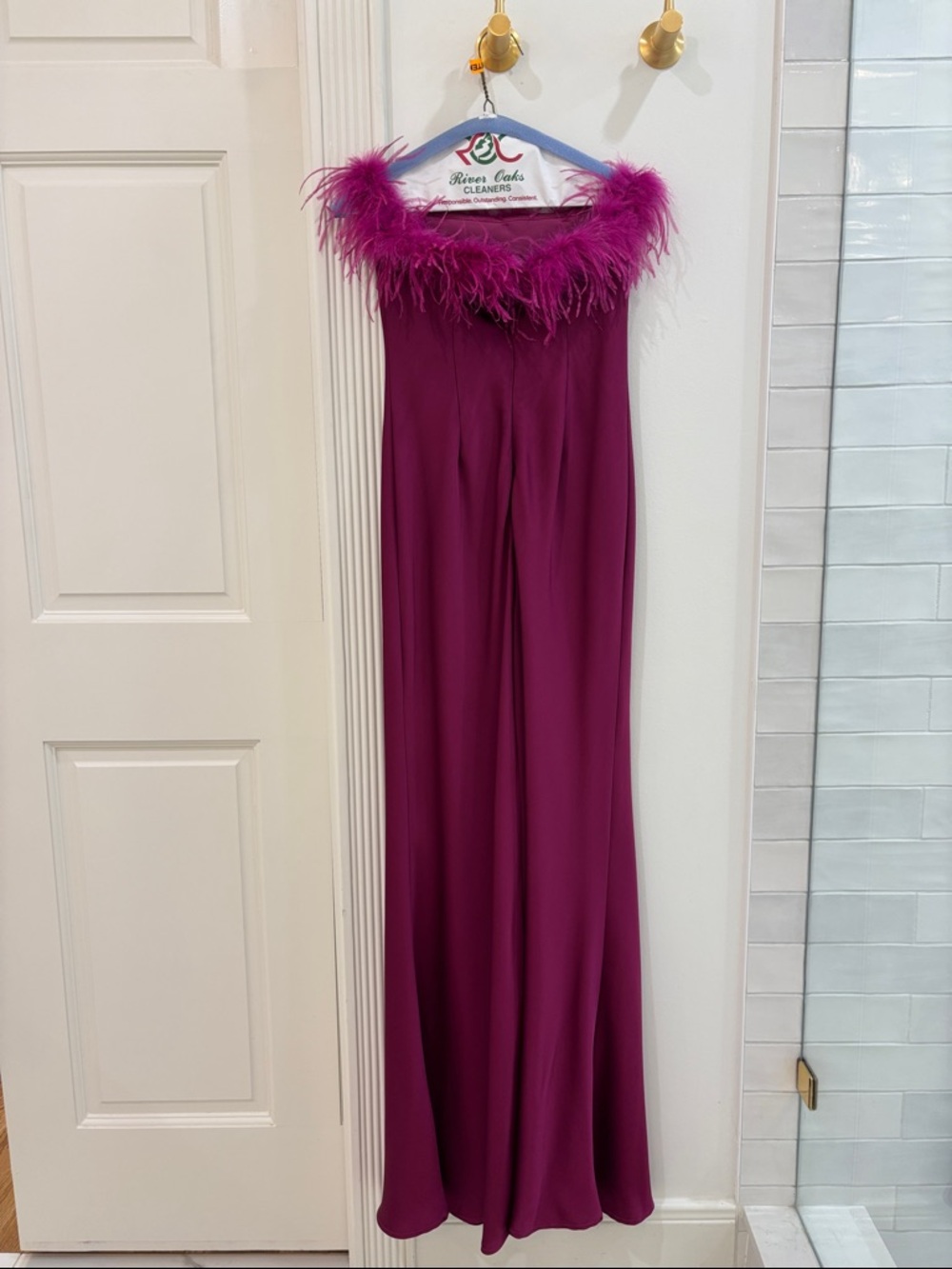 Strapless Feather-Trim Gown - Magenta - Picture 2 of 8